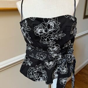 WHBM Black Top with White Floral Embroidered Design